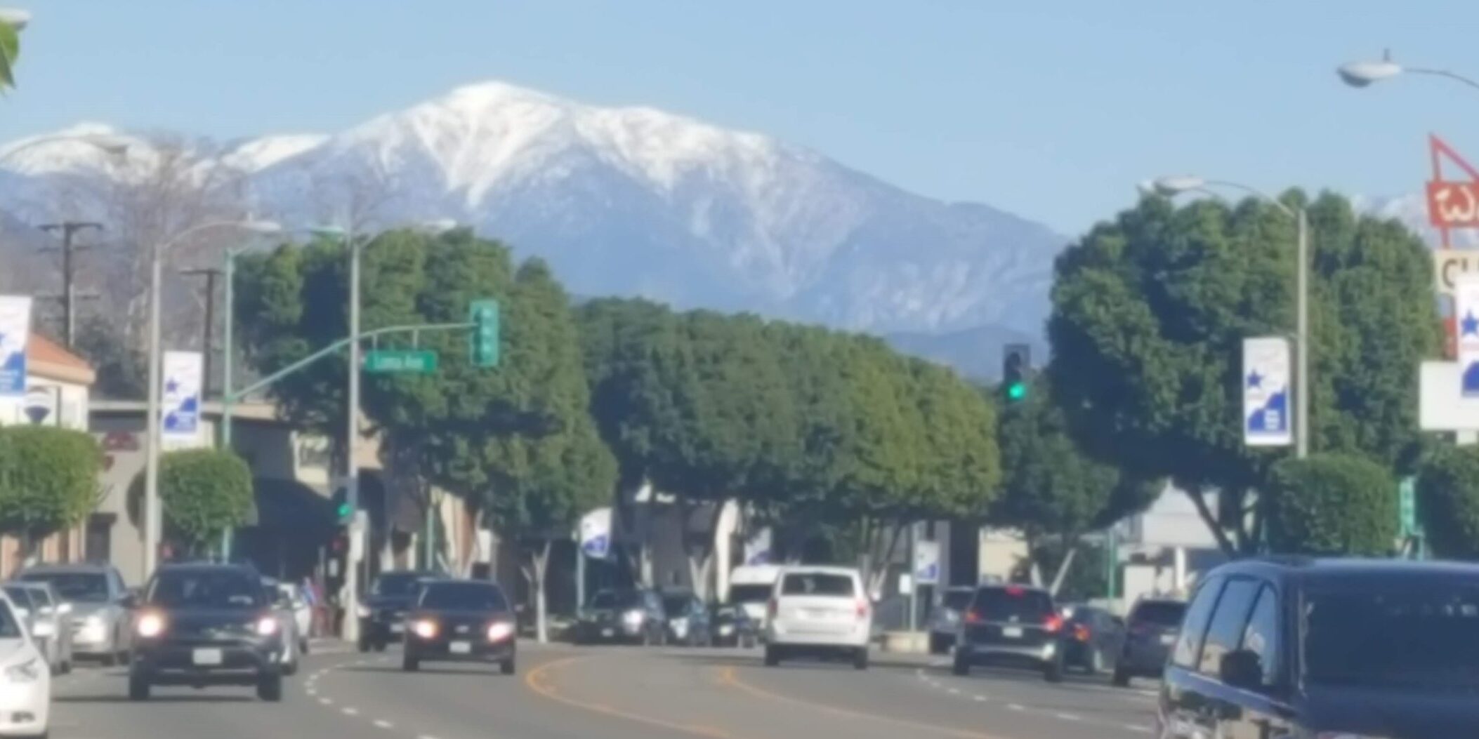 Temple City with Mt. Baldy cars, trees, Mt. Baldy