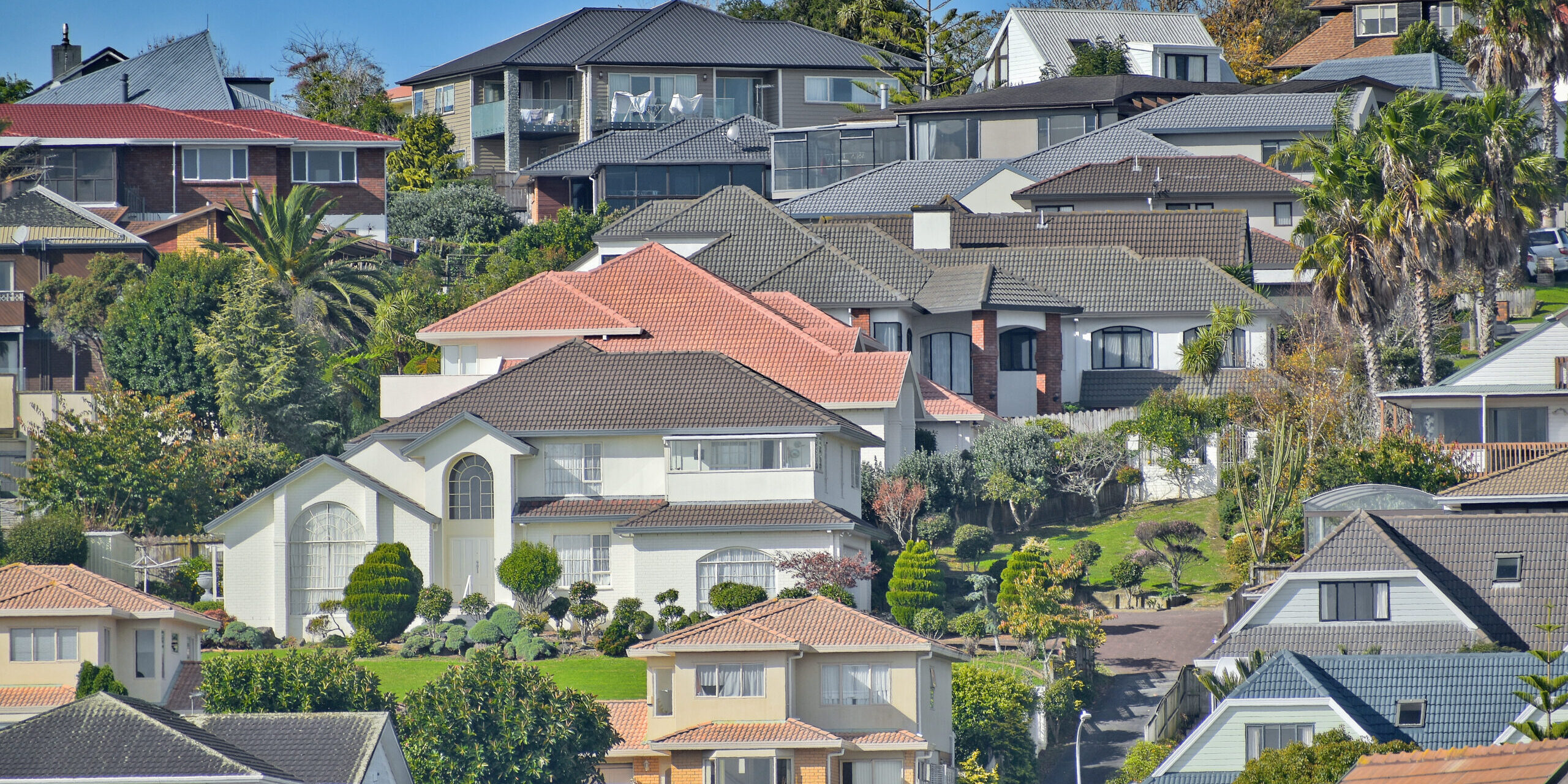 Closeup shot of residential houses on Highland Park in Los Angeles Homes on a hill in Highland Park