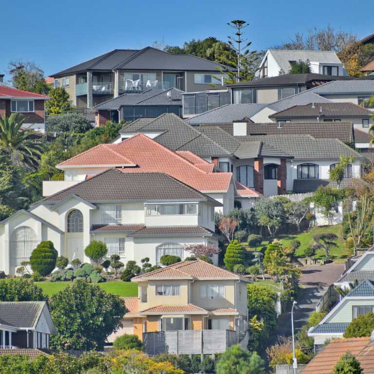 Closeup shot of residential houses on Highland Park in Los Angeles Homes on a hill in Highland Park