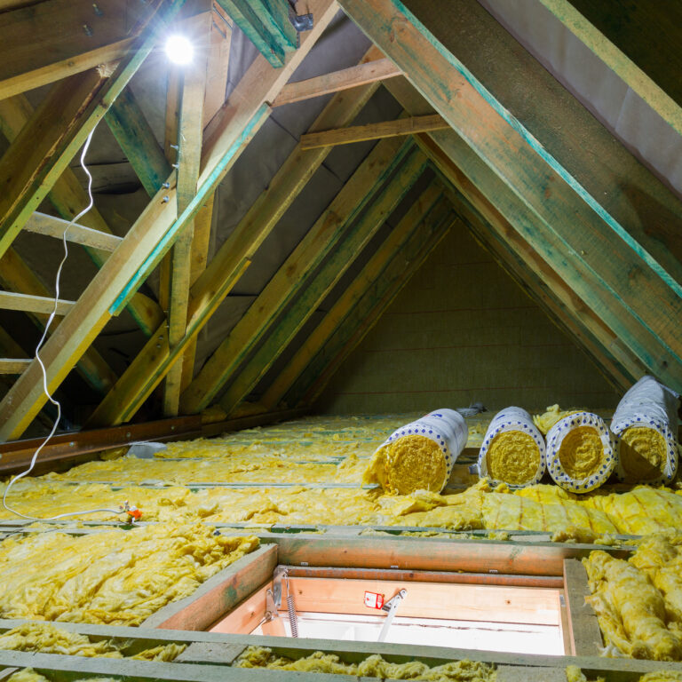 Empty attic in the house with mineral wool insulation Attic with crawl space
