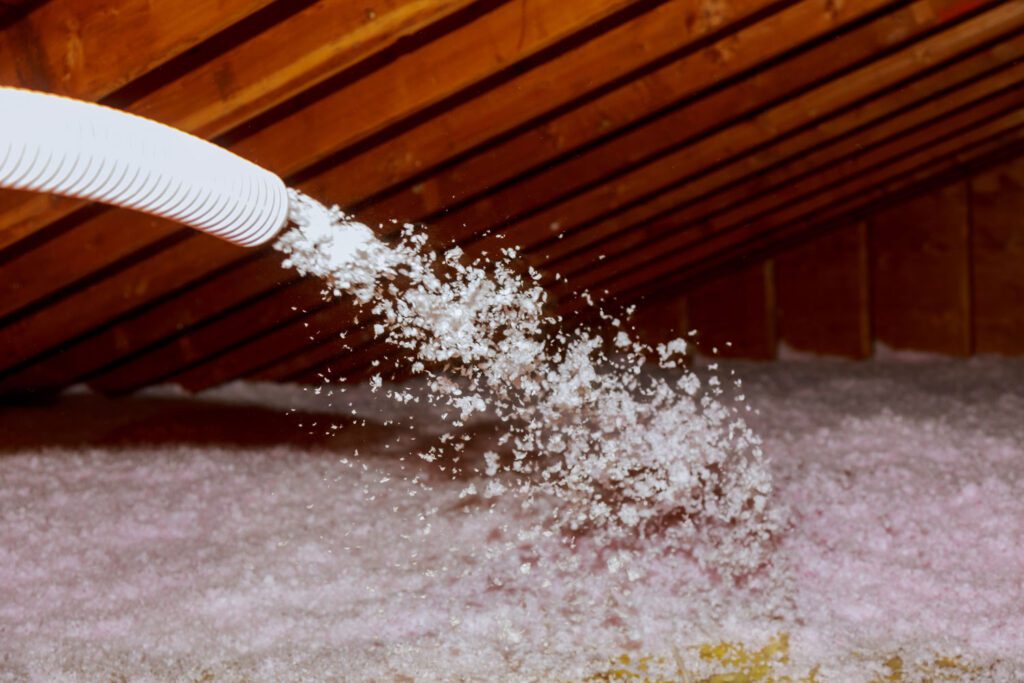Fiberglass Insulation in the attic showing only the hose blowing the fiberglass.