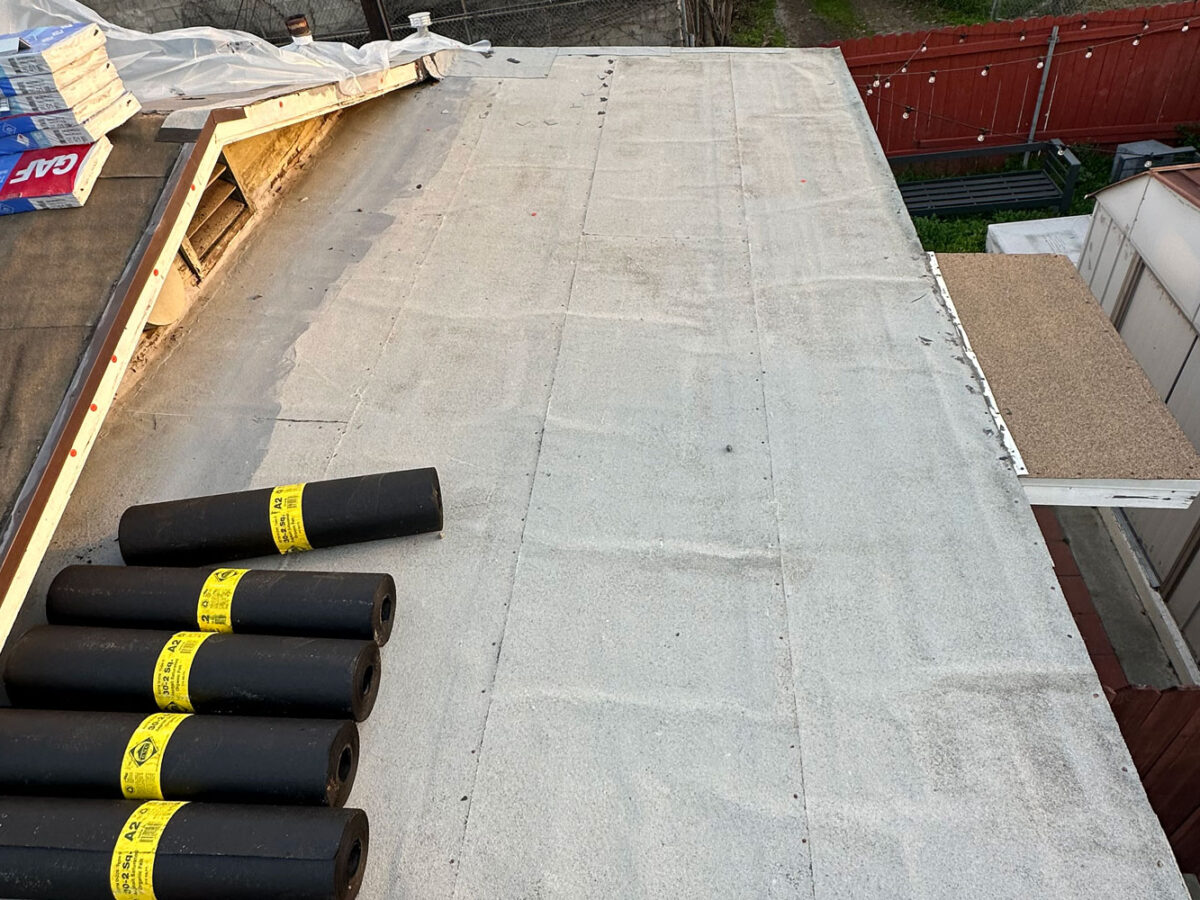 Roofing materials on a roof for installation.