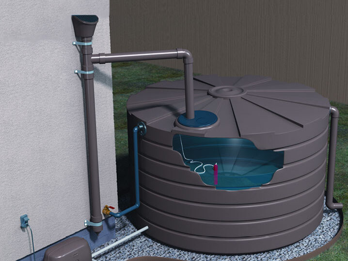 Brown barrel example of rainwater harvesting.