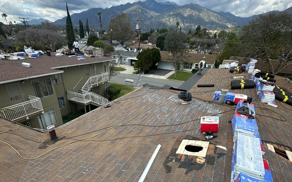 Roofing materials on a roof, getting ready for installation.