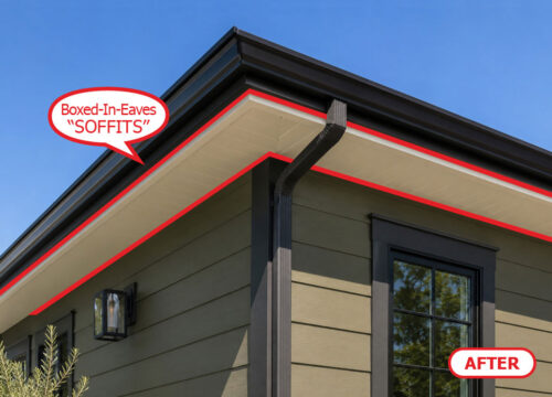 Boxed-in-eaves known as "soffits" with fire hardening fire proofing by Garvey Roofing.